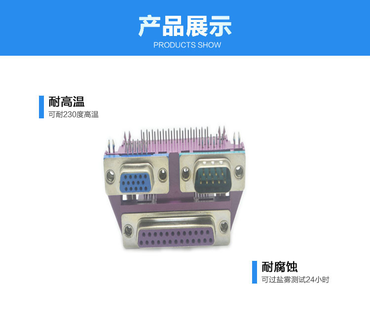 三合一DR25母對DR9公+HDR15母(5.08)連接器展示 三合一DR25母對DR9公+HDR15母(5.08)連接器展示