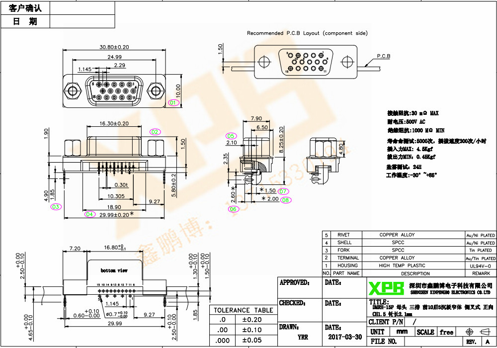 DMRH-15P 母頭 三排 前10后5沉板窄體 側叉式連接器規(guī)格書 DMRH-15P 母頭 三排 前10后5沉板窄體 側叉式連接器規(guī)格書