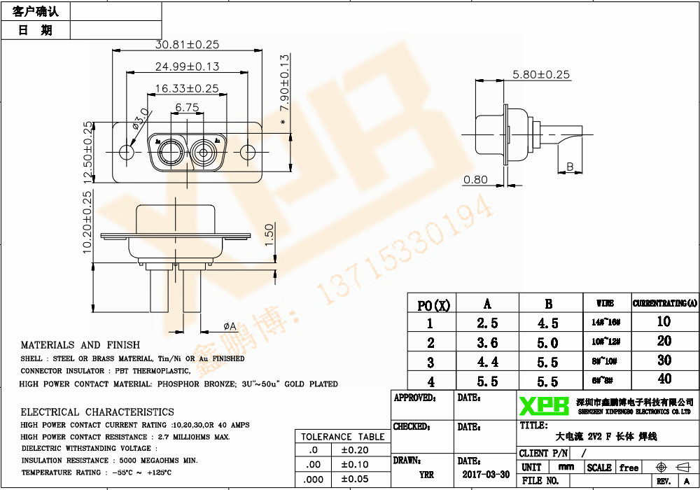 大電流 2W2 公頭<a href='/product/' class='keys' title='點(diǎn)擊查看關(guān)于連接器的相關(guān)信息' target='_blank'>連接器</a>規(guī)格書 大電流 2W2 公頭連接器規(guī)格書