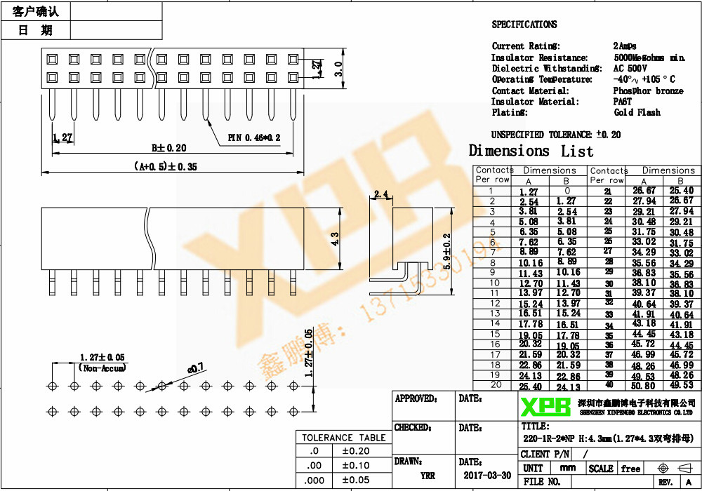 1.27雙排貼片排母連接器規(guī)格書(shū) 1.27雙排貼片排母連接器規(guī)格書(shū)