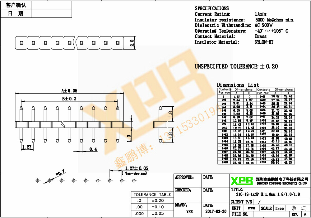 1.27單排直針排針連接器產(chǎn)品規(guī)格書 1.27單排直針排針連接器產(chǎn)品規(guī)格書